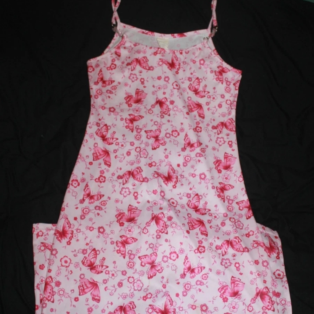 Vintage Women's Juniors Pink and White Sleeveless Butterfly Dress Size 14